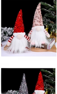 Detail of sequined Christmas gnome hat with white faux fur beard and striped arms