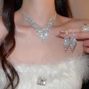 Elegant V-shaped tassel necklace jewelry set with rhinestone earrings and ring for women