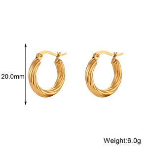 Polished 18K gold plated stainless steel twisted hoop earrings, 20mm height and 6g weight