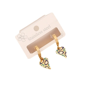 Golden stainless steel hoop earrings with colorful heart enamel eye charm on white background