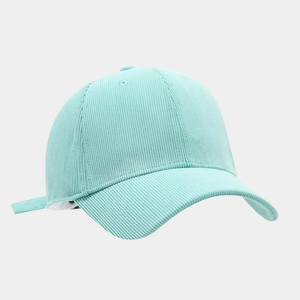 Detail view of mint green pinstripe corduroy baseball cap with breathable eyelets