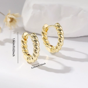 Detail view of 1.6cm golden twisted hoop earrings showing precise size measurements