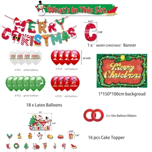 Detailed set of Christmas party decorations including banners, balloons and cake toppers