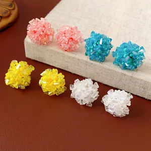 Handcrafted cluster bead stud earrings set in pink blue yellow and white floral patterns