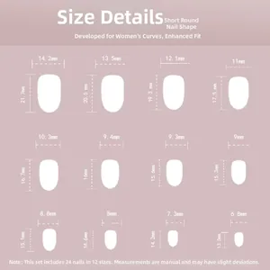 Guida alle taglie per 12 misure di unghie finte bianche da 6,8 mm fino a 14,2 mm