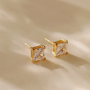 Elegant 2024 square-cut zircon stud earrings with golden four-claw setting for women