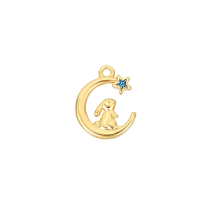 14K gold-plated moon and rabbit charm pendant with sparkling blue star accent