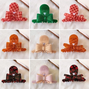 French Cellulose Acetate Bowknot Hair Claw Clip Ribbon Plaid Grid Elegant Shark Clip Retro Hair Accessory For Women
