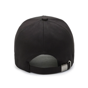 Rear view of classic black baseball cap with adjustable strap and metal buckle closure