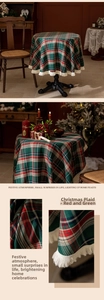Detail of red and green plaid Christmas tablecloth with white fringe tassels