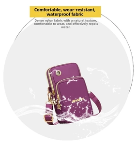 Detail showing waterproof nylon fabric and golden flower zipper on purple phone bag