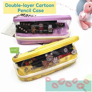 Trousse à crayons transparente double couche grande capacité avec motifs de dessins animés