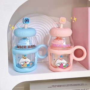 Cute Cartoon Dog Glass Cup With Silicone Sleeve Straw Handle And Tea Infuser Borosilicate Glass Desktop Water Bottle