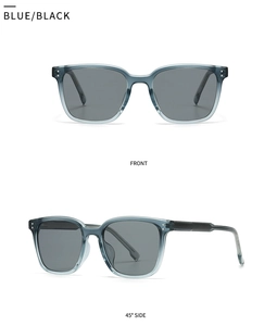 Front and 45-degree side view of round polarized sunglasses with blue and black frames