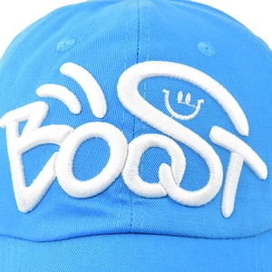 Sky blue cotton baseball cap featuring white 3D BOOST embroidery and smile face detail
