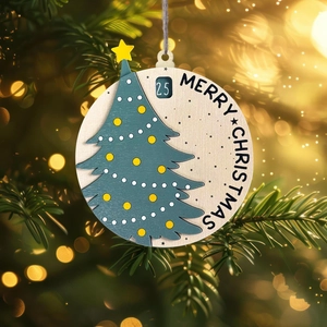 Detail of wooden Santa slider countdown calendar hanging on a Christmas tree branch