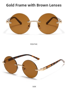 Makro-Detail einer runden randlosen Retro-Sonnenbrille mit Goldrahmen und braunem Glas