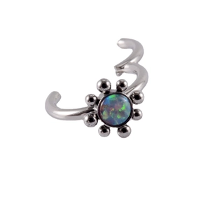 Silver stainless steel opal nose ring with small metal beads in a flower design