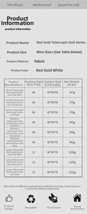 Detailed size and weight chart for red and gold telescopic Christmas doll ornaments