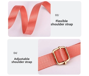 Detail of adjustable orange woven shoulder strap with polished gold-tone metal buckle