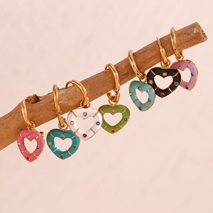 Detail of 18K gold plated heart earrings with colorful enamel and inset crystals