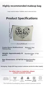 Detail of linen teacher makeup bag with hand-drawn patterns and black zipper closure
