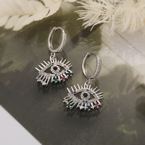 Silver evil eye earrings with colorful zircon stones and delicate round hoops for women