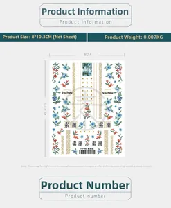 Detailed view of TS-003 5D nail art stickers with red blue flowers and golden clouds