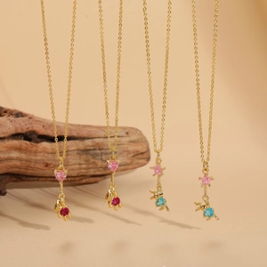 Zircon Pendant Necklace 14K Gold Plated Copper Cute Bear Rabbit Heart Star Animal Jewelry Sweet Gift For Women