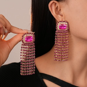 French vintage luxury square pink gemstone earrings with dangling diamond fringe tassels