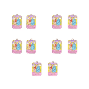 Macro view of ten gold-tone Tarot The Lovers enamel pendants with pink and blue detailing