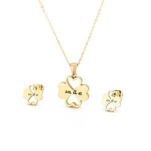 Stainless Steel Hollow Heart Clover Necklace And Earrings Jewelry With Mae Engraving Mother's Day Gift For Women