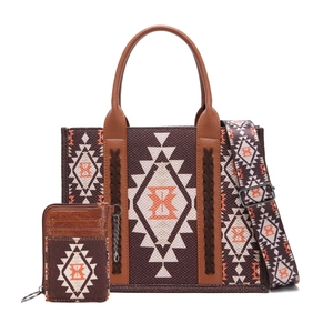 Detail of bohemian cotton linen tote bag with geometric patterns and matching coin purse