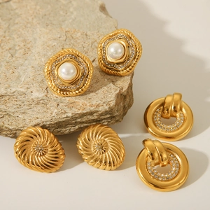 Vintage Geometric Earrings Stainless Steel 18K Gold Plated Rhinestone Artificial Pearl Inlaid Fashion Jewelry For Women Elegant