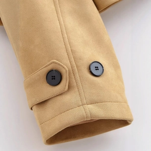 Camel double-breasted short trench coat with detailed wool texture and black buttons