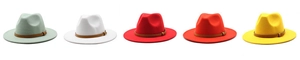 Detail view of colorful wool felt fedora hats with brown leather bands and gold buckles