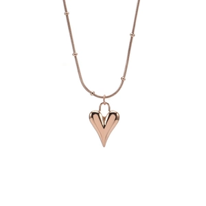 Elegant 18K rose gold titanium steel necklace featuring a 3D heart pendant and beaded chain