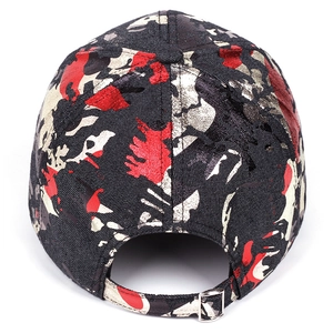 Adjustable camouflage baseball cap in black and red graffiti print with metal buckle
