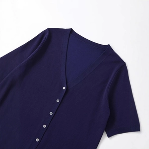 Navy blue V-neck short sleeve knit cardigan with white buttons on white background