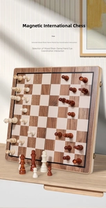 Vertical display showing strong magnetic chess pieces adhering to a folding wooden board