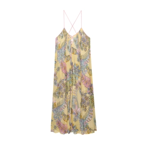 Women Bohemian Yellow Floral Print Maxi Dress Cross Back Spaghetti Strap V-Neck Hollow Out Summer Chiffon A-Line Vacation Dress