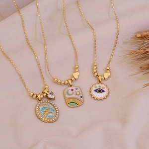 Stainless Steel Pendant Necklace Enamel Artificial Pearl Crystal Star Moon Swallow Evil Eye Bead Chain Jewelry For Women