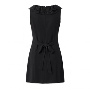 Sleeveless black mini dress with elegant lace neckline and bow knot back detail