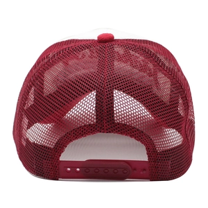 Detail view of the breathable mesh back and adjustable snapback closure of the wine red trucker hat