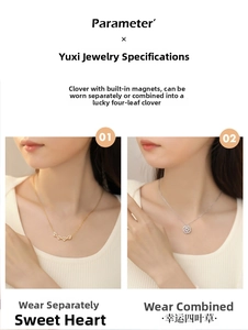 Detail of magnetic clover heart necklace showing the transformation between two wearing styles