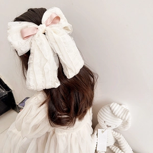 French vintage beige chiffon bow hair clip with long ribbons for girls hair styling
