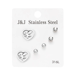Set of 3 pairs of 316L stainless steel heart and zircon stud earrings on display card