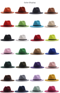 Color display grid of wide brim wool fedora hats with leather belts in 28 various colors