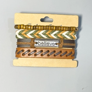 Multilayer leather bracelet set with wooden beads and engraved metal Believe tag