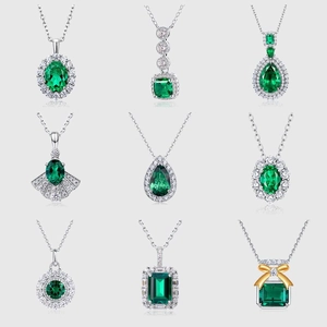 925 Sterling Silver Lab Grown Emerald Necklace Retro Luxury Geometric Halo Teardrop Green Red Gemstone Jewelry Women